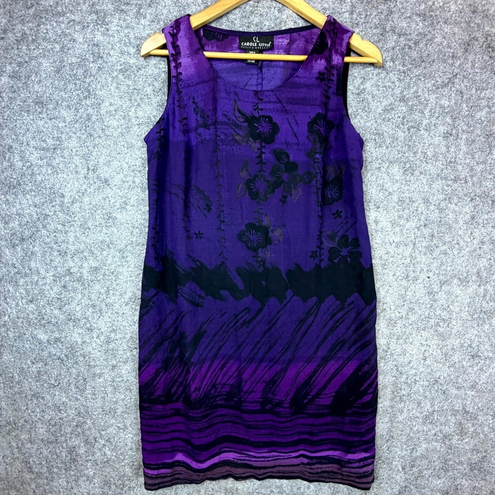 Vintage Carole Little Petite Shift Dress Womens 10 Purple Black Floral Career